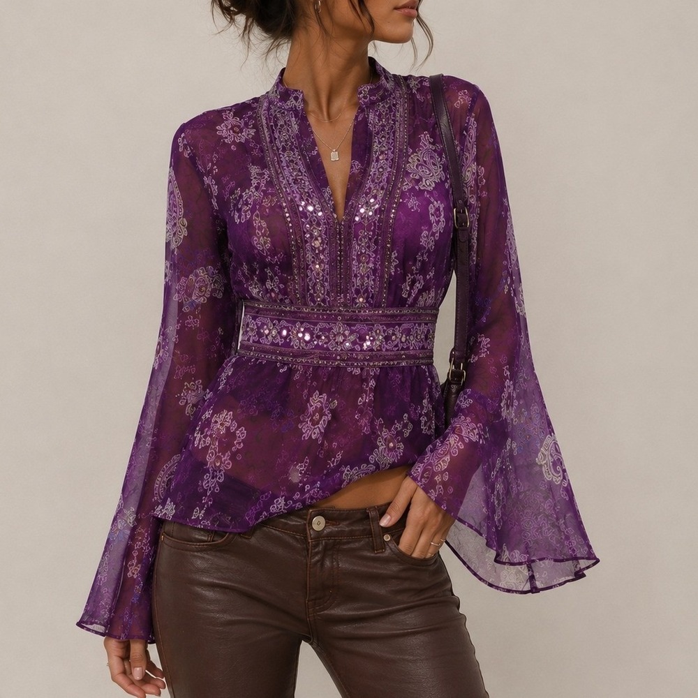 Vintage Y2K Purple Paisley Sheer Beaded Bell Sleeve Tie Back Tunic Top M